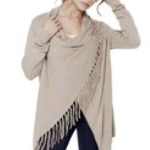 LOVE TREE Asymmetrical Fringed Beige Wrap Shawl Soft and Cozy Cardigan Size M